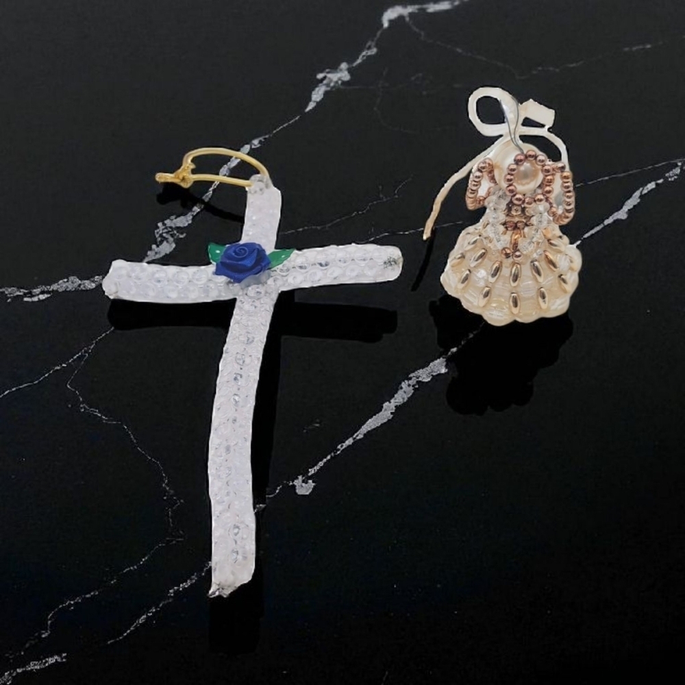 2 Ornament Lot Plastic Crystal Cross And Angel